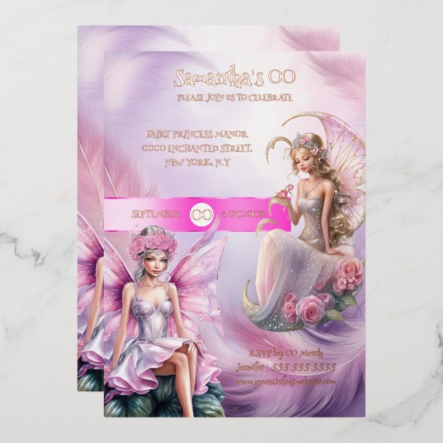 Fairy princess pink fairytale watercolor girls foil invitation (Front/Back)