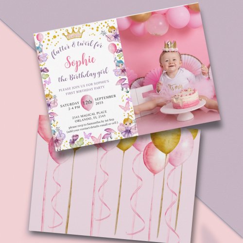  Fairy Princess Pink  Gold 1st Birthday  Invitation