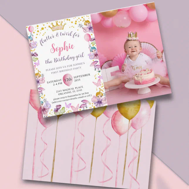 Fairy Princess Pink & Gold 1st Birthday Invitation | Zazzle