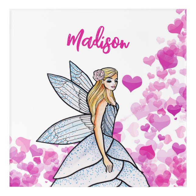 Fairy Princess Pink Hearts Fashion Illustration Acrylic Print (Front)