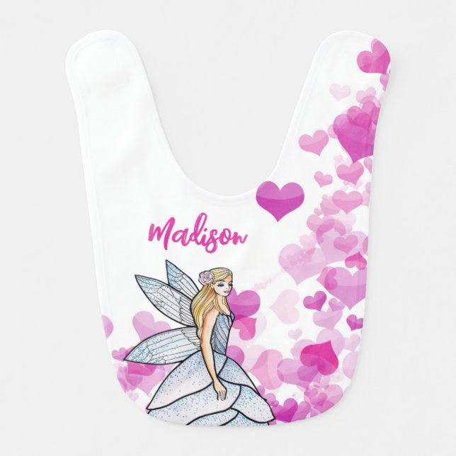 Fairy Princess Pink Hearts Fashion Illustration Baby Bib (Front)