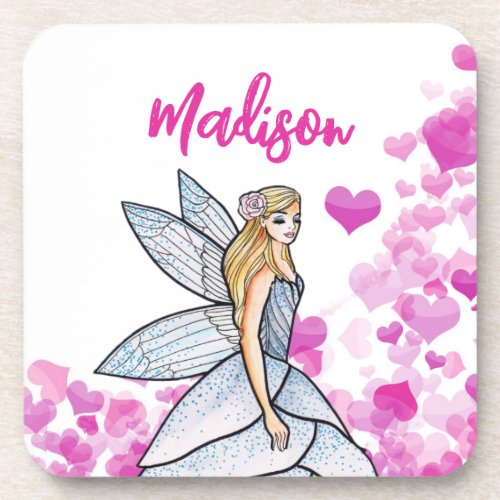 Fairy Princess Pink Hearts Fashion Illustration Beverage Coaster