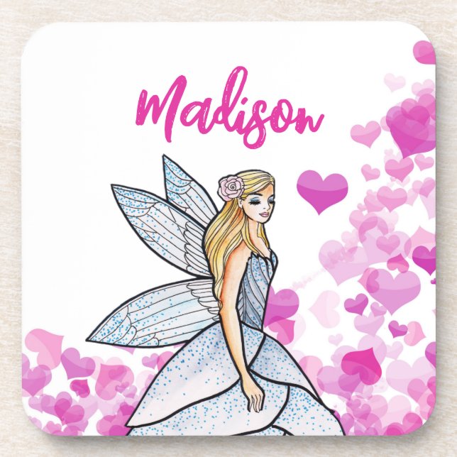 Fairy Princess Pink Hearts Fashion Illustration Beverage Coaster (Front)