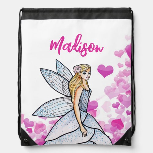 Fairy Princess Pink Hearts Fashion Illustration Drawstring Bag