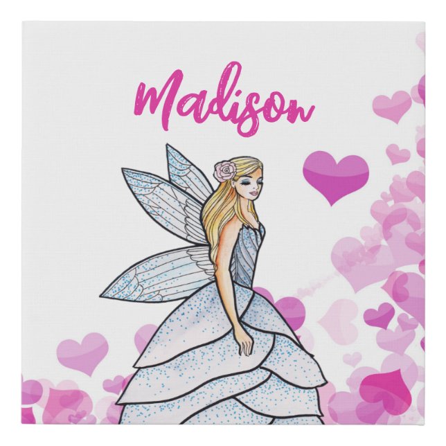 Fairy Princess Pink Hearts Fashion Illustration Faux Canvas Print (Front)