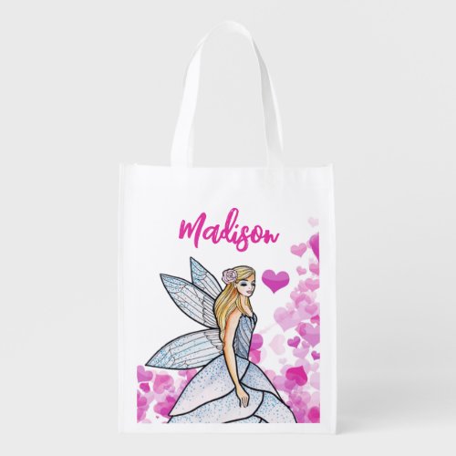 Fairy Princess Pink Hearts Fashion Illustration Grocery Bag