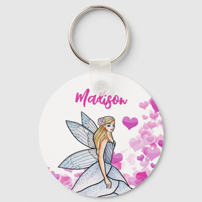 Fairy Princess Pink Hearts Fashion Illustration Keychain (Front)