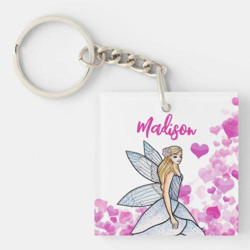 Fairy Princess Pink Hearts Fashion Illustration Keychain