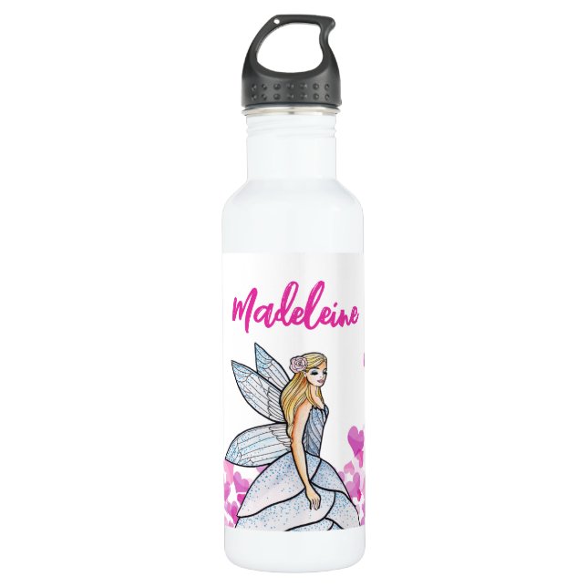 Fairy Princess Pink Hearts Fashion Illustration Stainless Steel Water Bottle (Front)