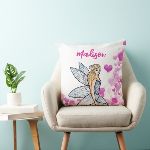 Fairy Princess Pink Hearts Fashion Illustration Throw Pillow