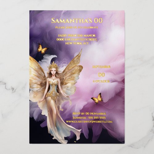 Fairy princess purple gold mythical fairytale foil invitation