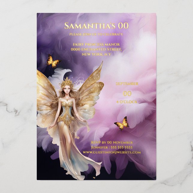 Fairy princess purple gold mythical fairytale foil invitation (Front)