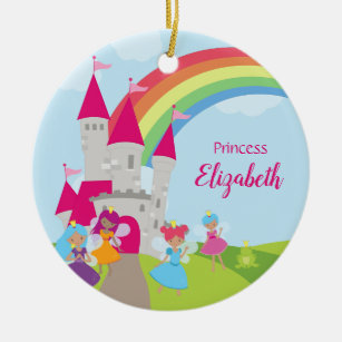 Fairy Princess Rainbow and Castle Girl Christmas Ceramic Ornament