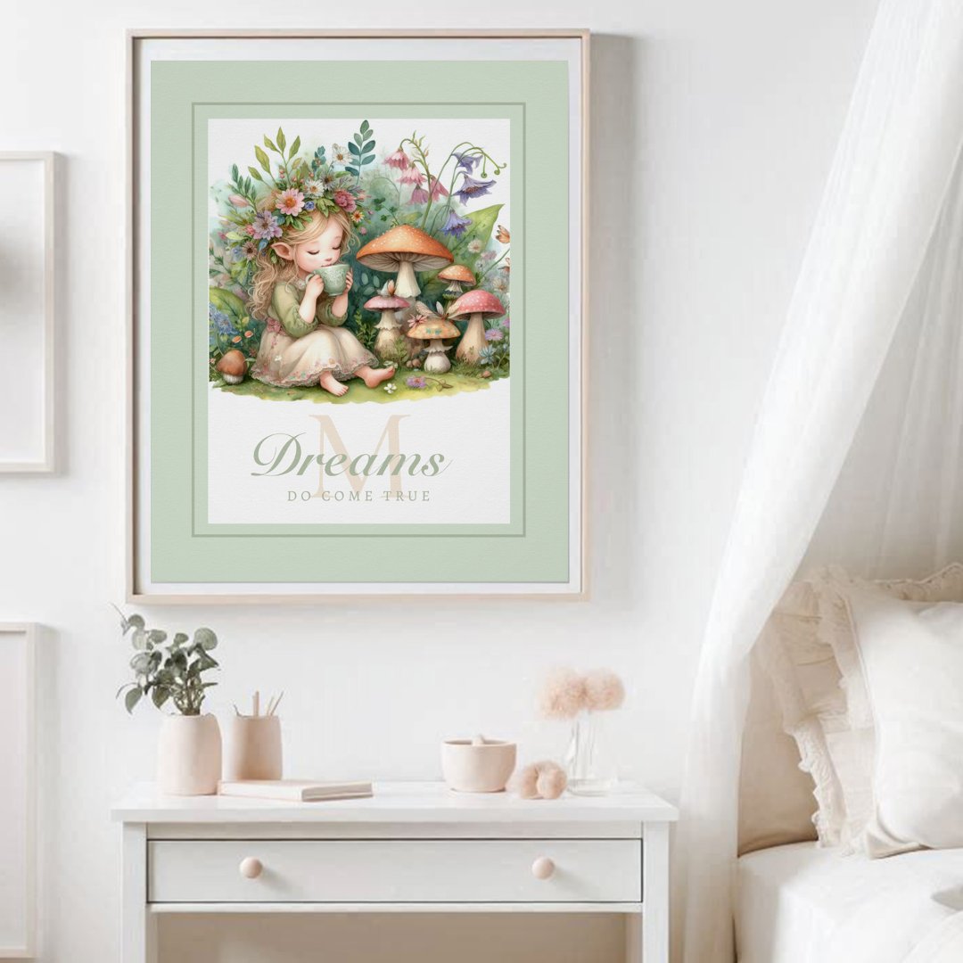 Fairy Princess Tea Garden Monogram Inspirational Poster (enchanted garden fairy princess tea mushrooms nursery kids decor poster personalized inspirational)