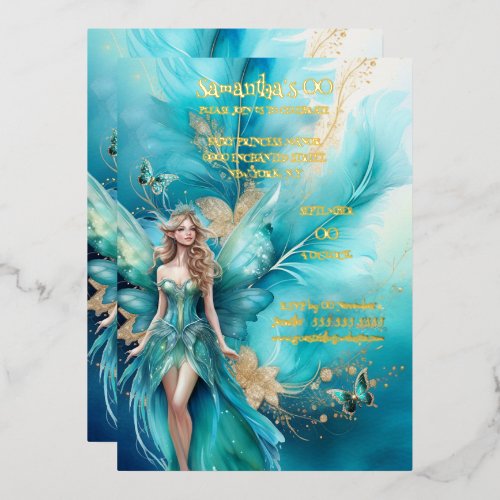 Fairy princess teal gold mythical fairytale foil invitation