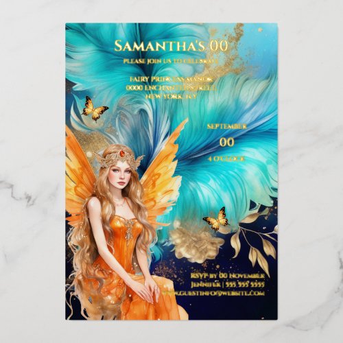 Fairy princess teal orange mythical fairytale foil invitation