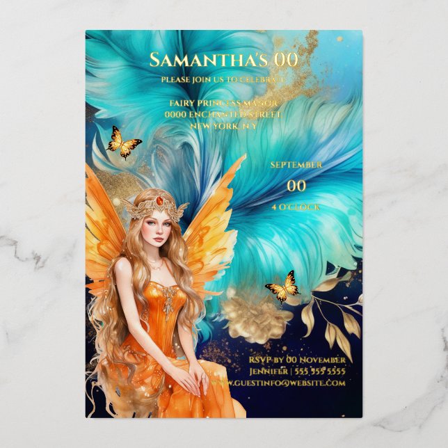 Fairy princess teal orange mythical fairytale foil invitation (Front)