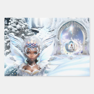 Fairy princesses melanin enchanted forest snow wrapping paper sheets