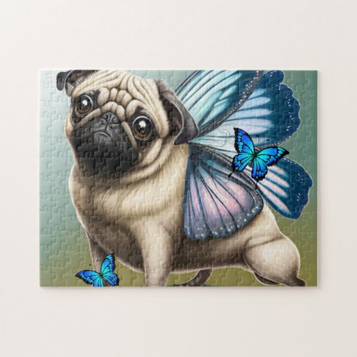 Fairy Pug Dog With Blue Butterflies Jigsaw Puzzle