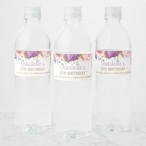 Fairy Purple Pink Floral Baby Shower Birthday Wate Water Bottle Label