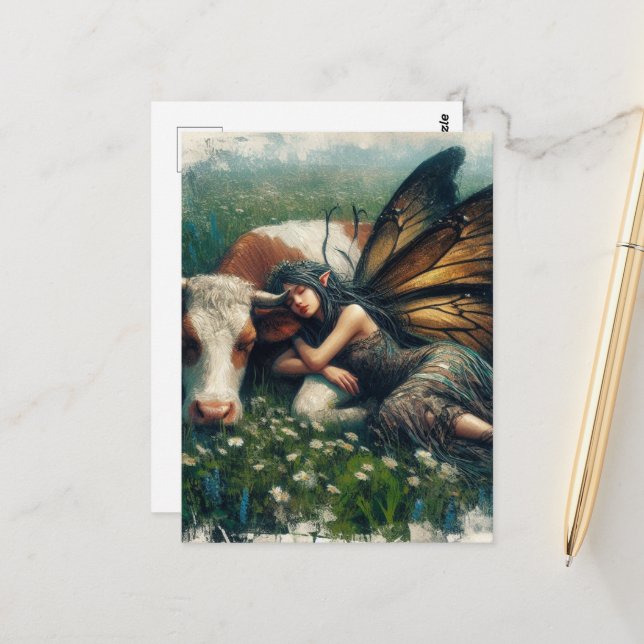 Fairy Queen Asleep on Her Pet Cow Postcard (Front/Back In Situ)