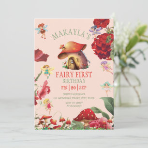 Fairy red mushroom Floral Girl first Birthday Invitation
