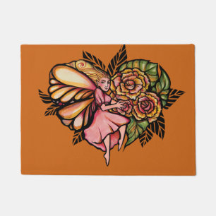 Fairy Roses Art Peach and Pink Fairies Garden Doormat