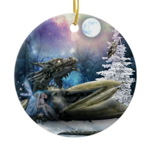 Fairy  Safe With Dragon Ceramic Ornament