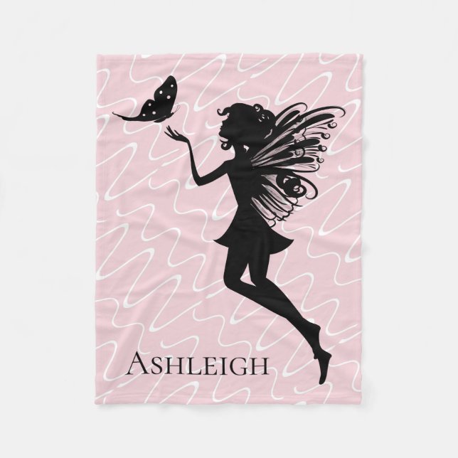 Fairy Silhouette, on Pink, personalize w name Fleece Blanket (Front)