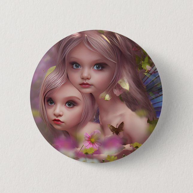 Fairy Sisters Amongst the Flowers in the Forest Button (Front)