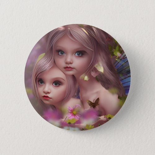 Fairy Sisters Amongst the Flowers in the Forest Button