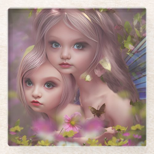 Fairy Sisters Amongst the Flowers in the Forest Glass Coaster