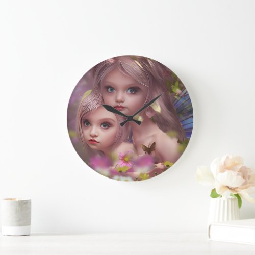 Fairy Sisters Amongst the Flowers in the Forest Large Clock