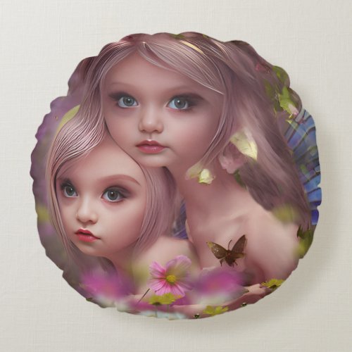 Fairy Sisters Amongst the Flowers in the Forest Round Pillow