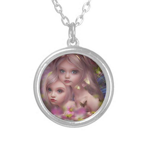 Fairy Sisters Amongst the Flowers in the Forest Silver Plated Necklace