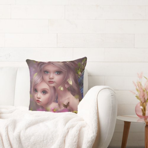 Fairy Sisters Amongst the Flowers in the Forest Throw Pillow