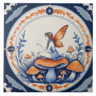 Fairy sitting on a mushroom blue & orange ceramic tile