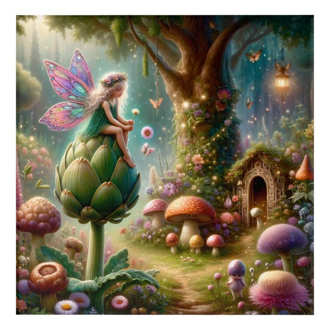 Fairy sitting on an Artichoke Magical Illutration Acrylic Print (Front)