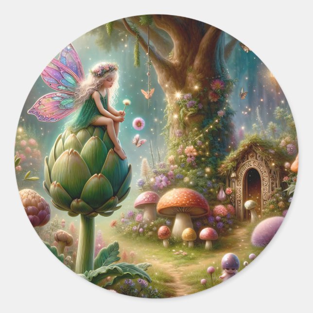 Fairy sitting on an Artichoke Magical Illutration Classic Round Sticker (Front)