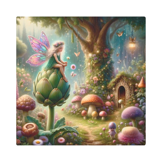 Fairy sitting on an Artichoke Magical Illutration Metal Print (Front)