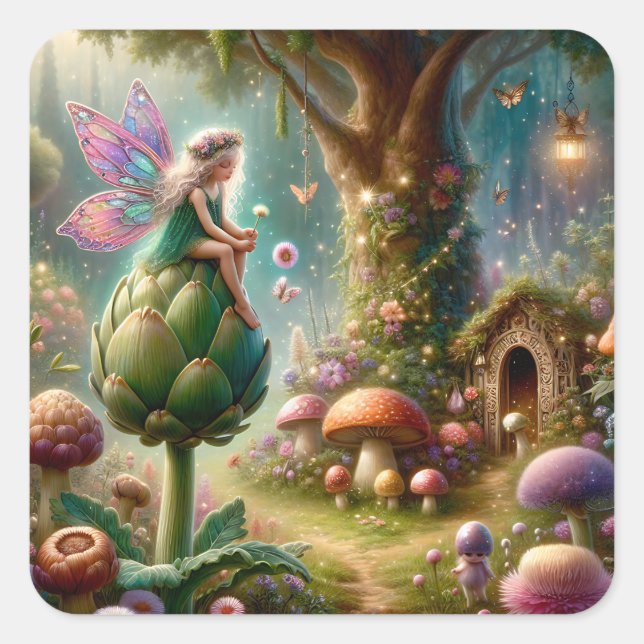 Fairy sitting on an Artichoke Magical Illutration Square Sticker (Front)