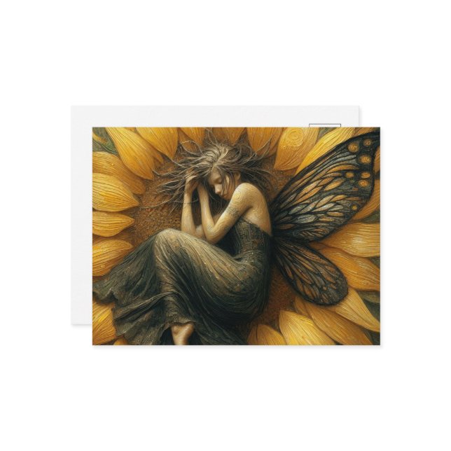 Fairy Sleeping in a Sunflower Postcard (Front/Back In Situ)