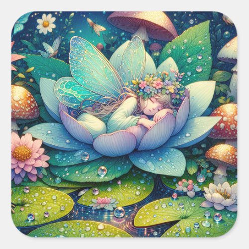 Fairy Sleeping on a Flower Blank Square Sticker