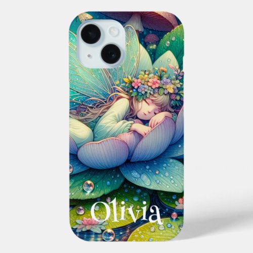 Fairy Sleeping on a Flower Personalized iPhone 15 Case