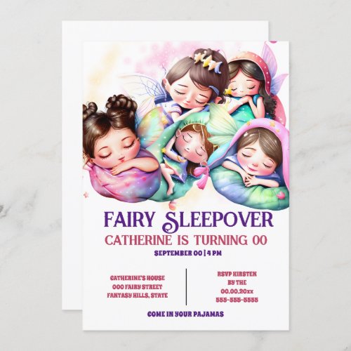 Fairy sleepover cute sleeping girls slumber party invitation