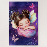 Fairy slumber party butterfly kids birthday theme jigsaw puzzle<br><div class="desc">A beautiful illustration of a light skinned fairy princess curled up in a ball inside her pink blanket, fast asleep. Her brunette locks are tied in two plaits on top of her head and she is framed by a magical star and butterfly filled celestial purple background that appears to shimmer...</div>