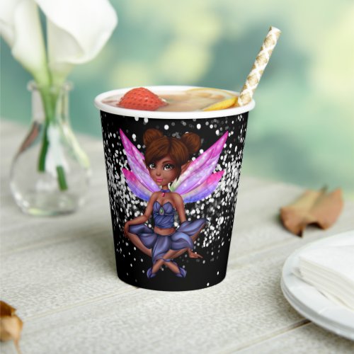 Fairy string lights african american girl black paper cups