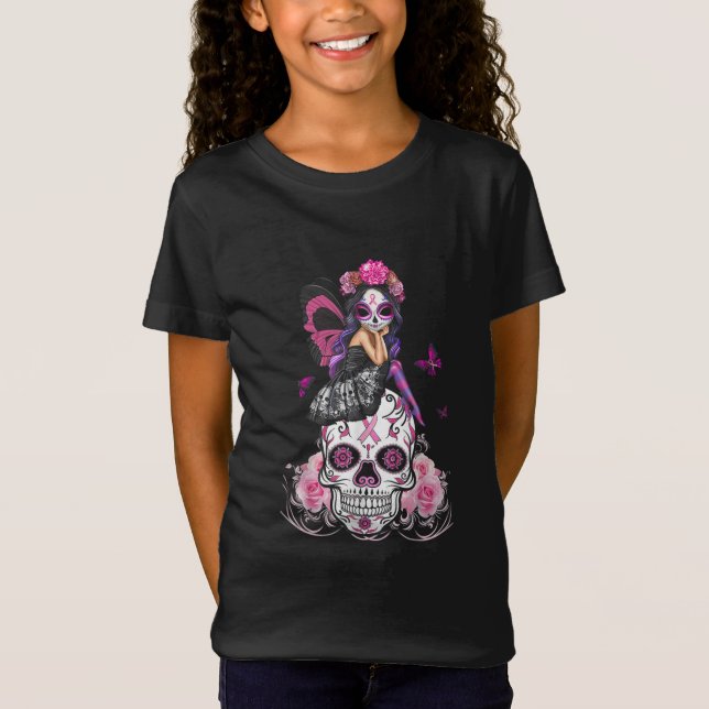 Fairy Sugar Skull Butterfly Pink Ribbon T-Shirt (Front)
