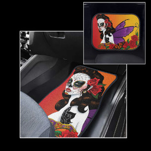 Fairy Sugar Skull Purple Wings Roses Sunset Car Floor Mat