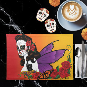 Fairy Sugar Skull Purple Wings Roses Sunset Cloth Placemat